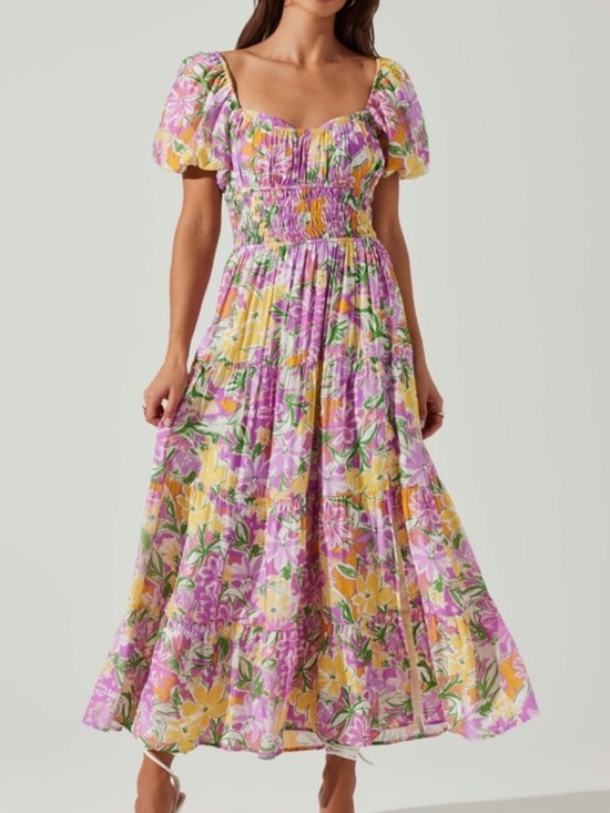 Astr Dresses & Skirts - ASTR Florentina Maxi Dress Pink Floral Purple Green Yellow Small Smocked Puff